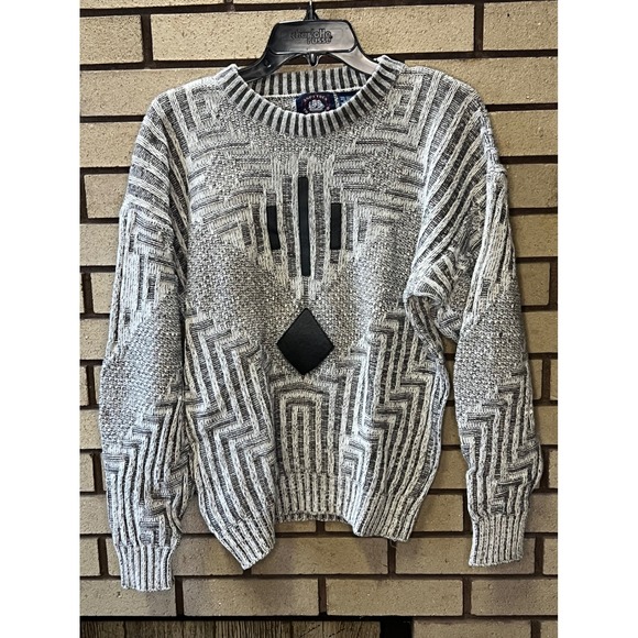 VTG 90sAspentuck Trading Co Mens Geometric Leather Trim Sweater KnitLarge